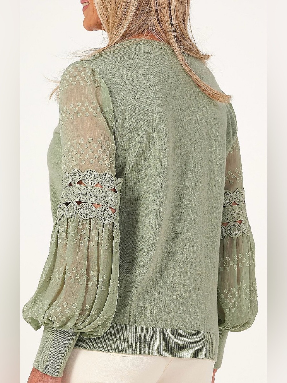 Sioni Milano Sage Green Knit Sweater w/ Crochet Lace & Swiss Dot Balloon Sleeves